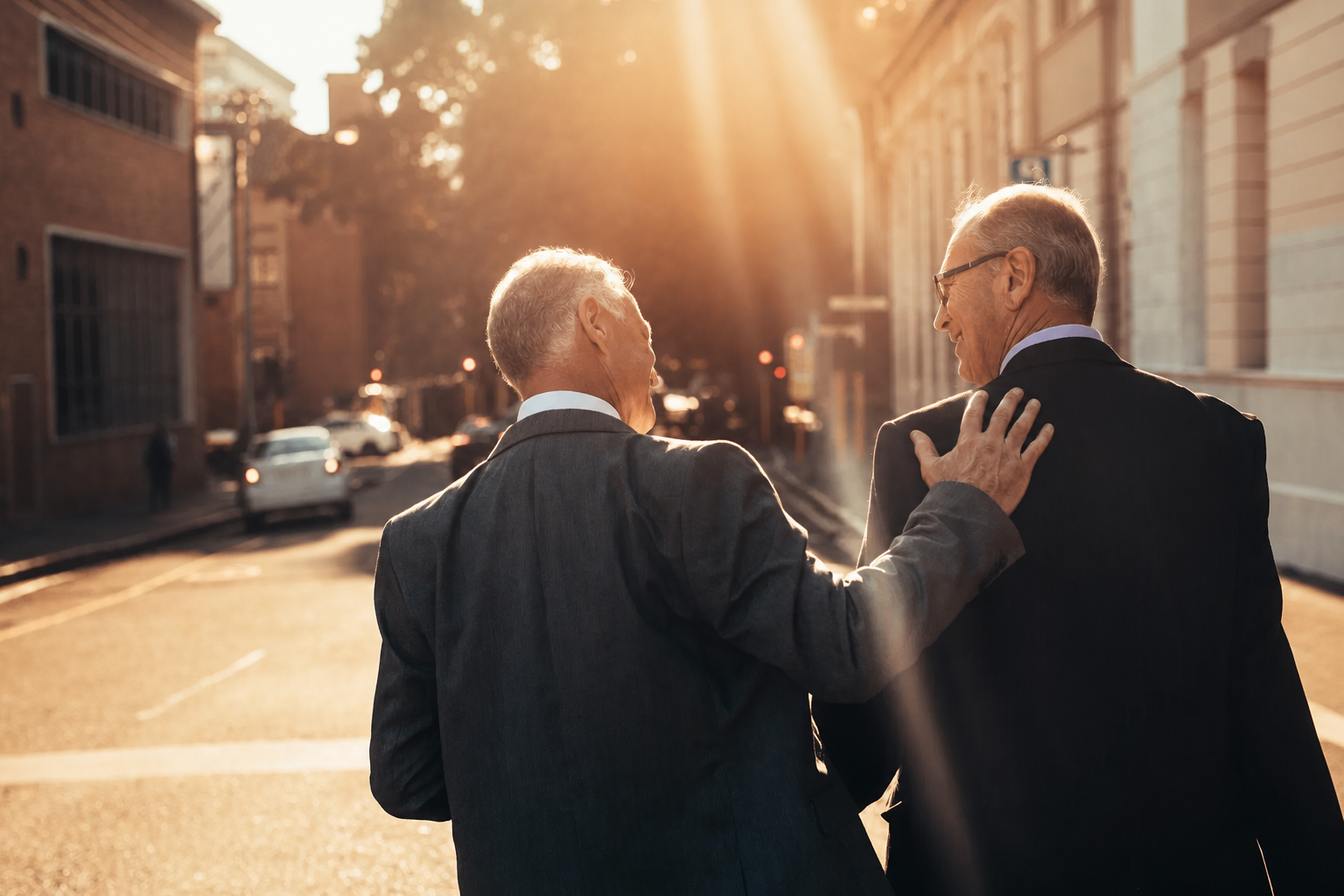 Two senior executives in a confidential city conversation