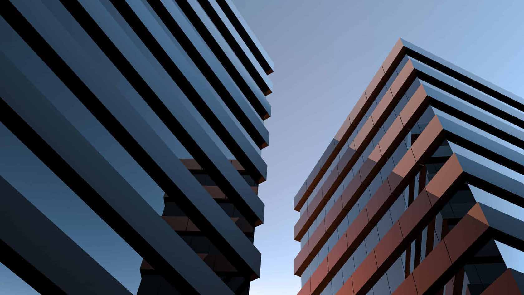 Angular modern office buildings representing a controlled executive search process