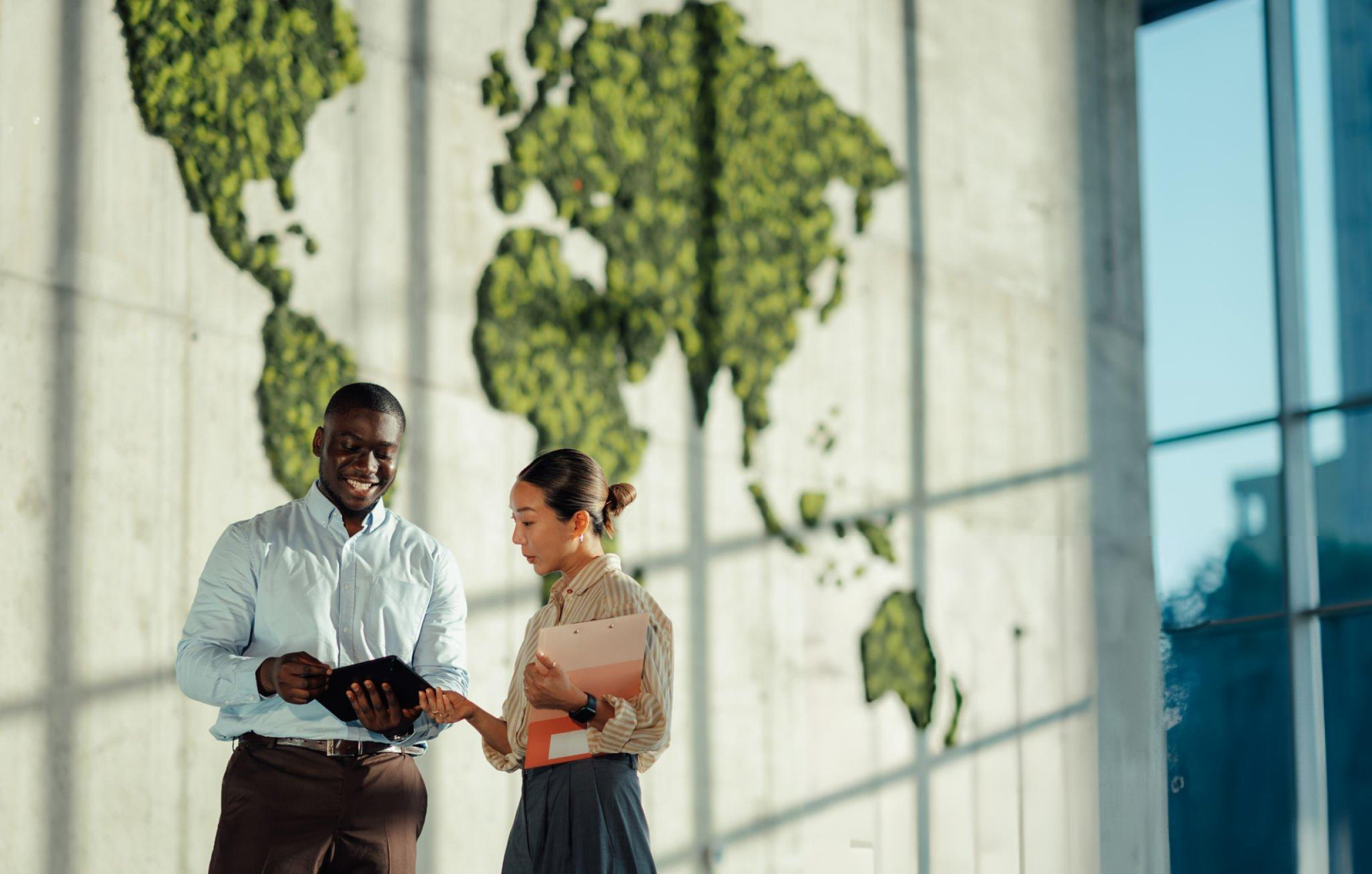 Professionals discussing global sustainability